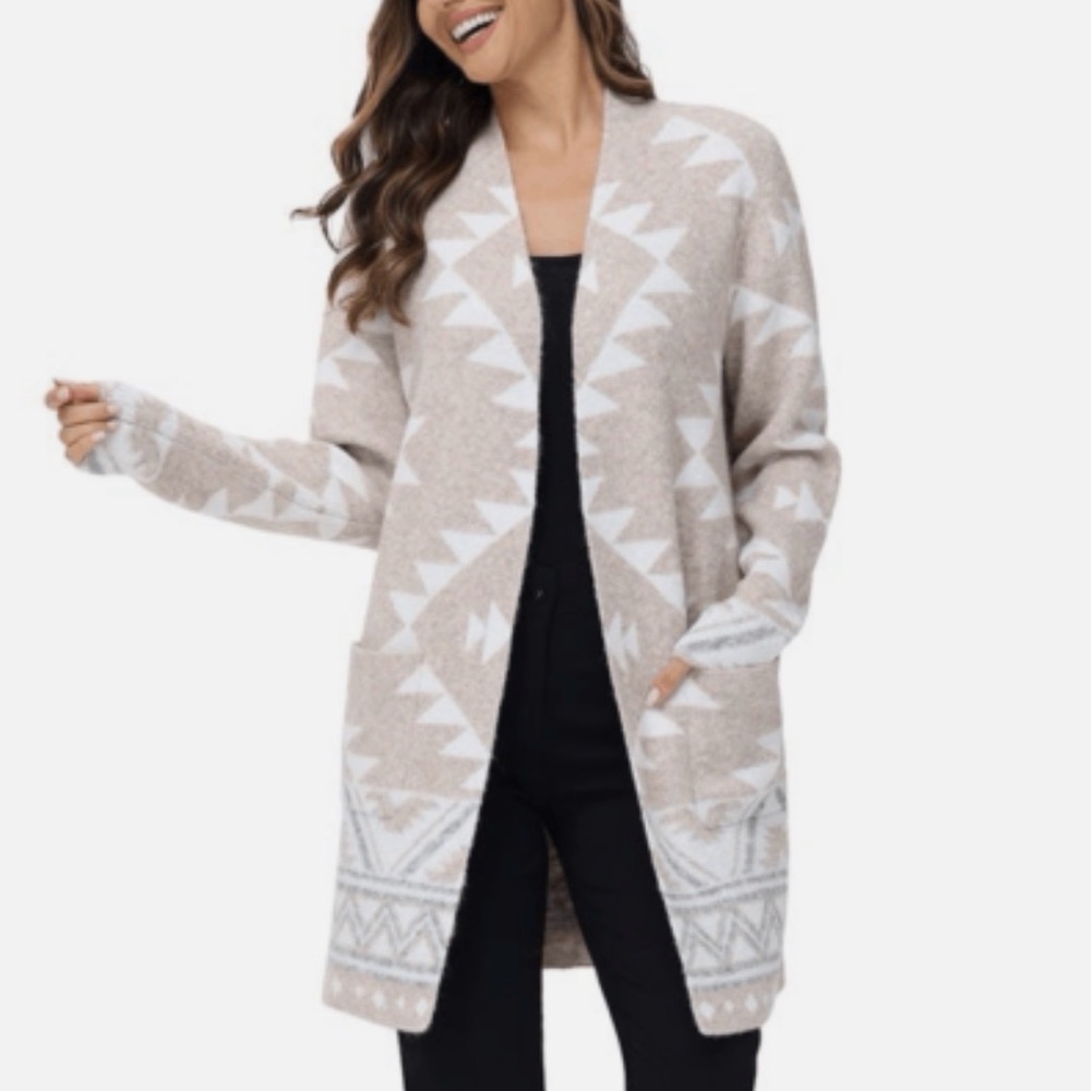 FRYE long, open cardigan. Tan Aztec print - size L